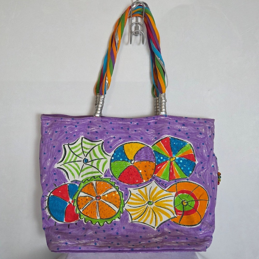 Sally Huss A Rainbow for Life Tote Bag Purple Beach Ball Umbrella Sequin Canvas